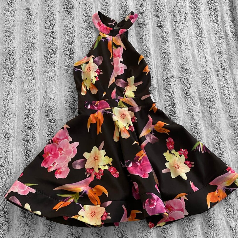 Black Halterneck Pleated Flared Paneled Circle Skirt Pink Floral Boutique Dress